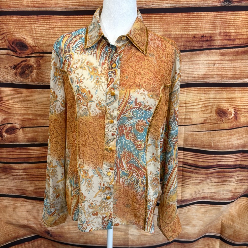 Lemon Grass Studio Womens Sheer Brown Paisley Button Down Top Size L